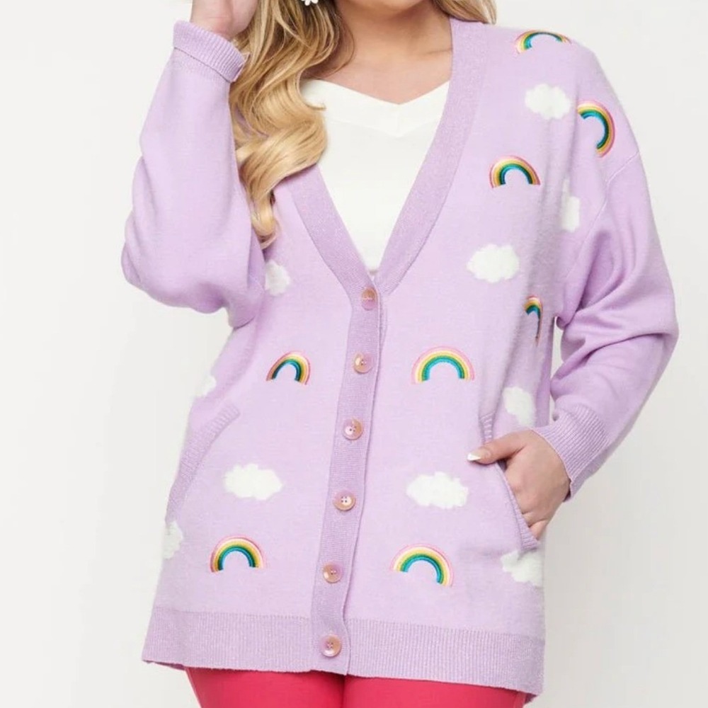Unique Vintage Women's Purple & Rainbows Aspen Cardigan, XL - Picture 2 of 12